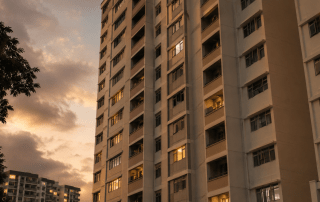 Singapore HDB block at golden hour representing decisions on HDB flat ownership after divorce — sell, transfer, or retain